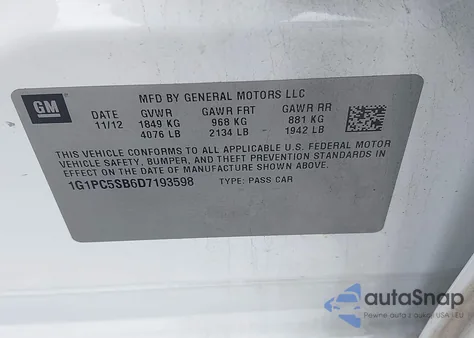 2013 Chevrolet Cruze 1Lt Auto из США, поврежденный, VIN 1G1PC5SB6D7193598